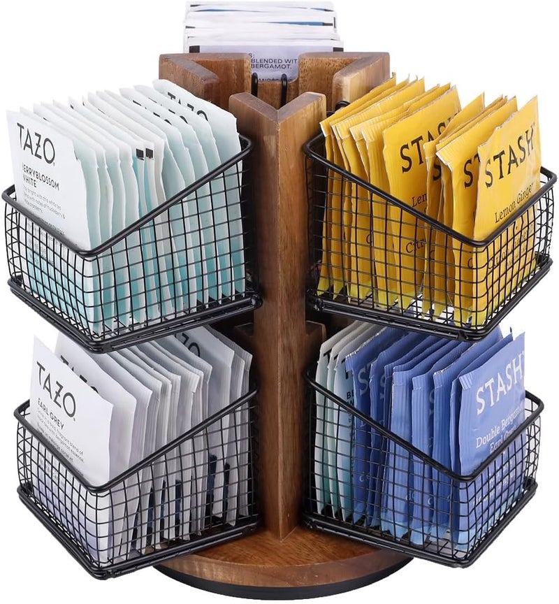 HTB Carousel Tea Bag Organizer for Counter, 2 Tier Tea Bag Holder with 6 Removable Tea Baskets and Acacia Wood Station, Tea Organizers and Storage for Cabinet, Countertop - Image 1